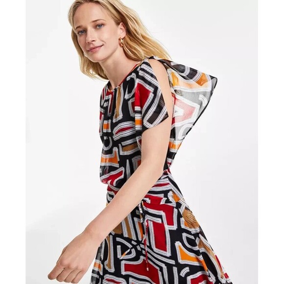 KARL LAGERFELD PARIS Women's Printed High-Low Flutter-Sleeve Dress Blck Multi 10 - Picture 2 of 12
